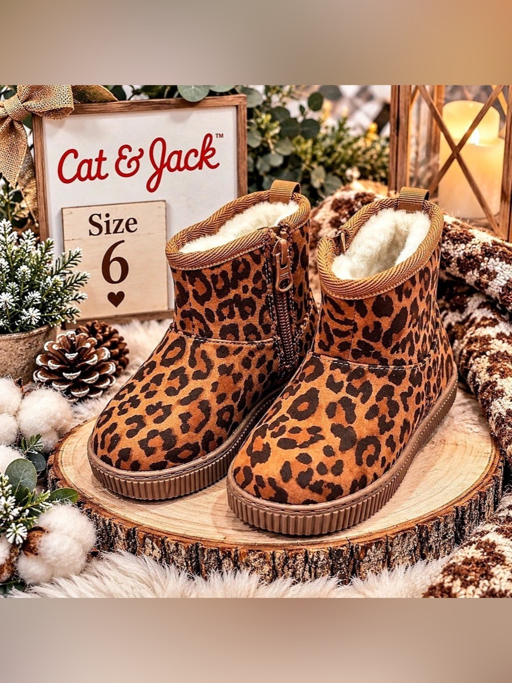 Cat & Jack Girls Leopard Print Faux Fur Ankle Boots Brown NWT Size 6